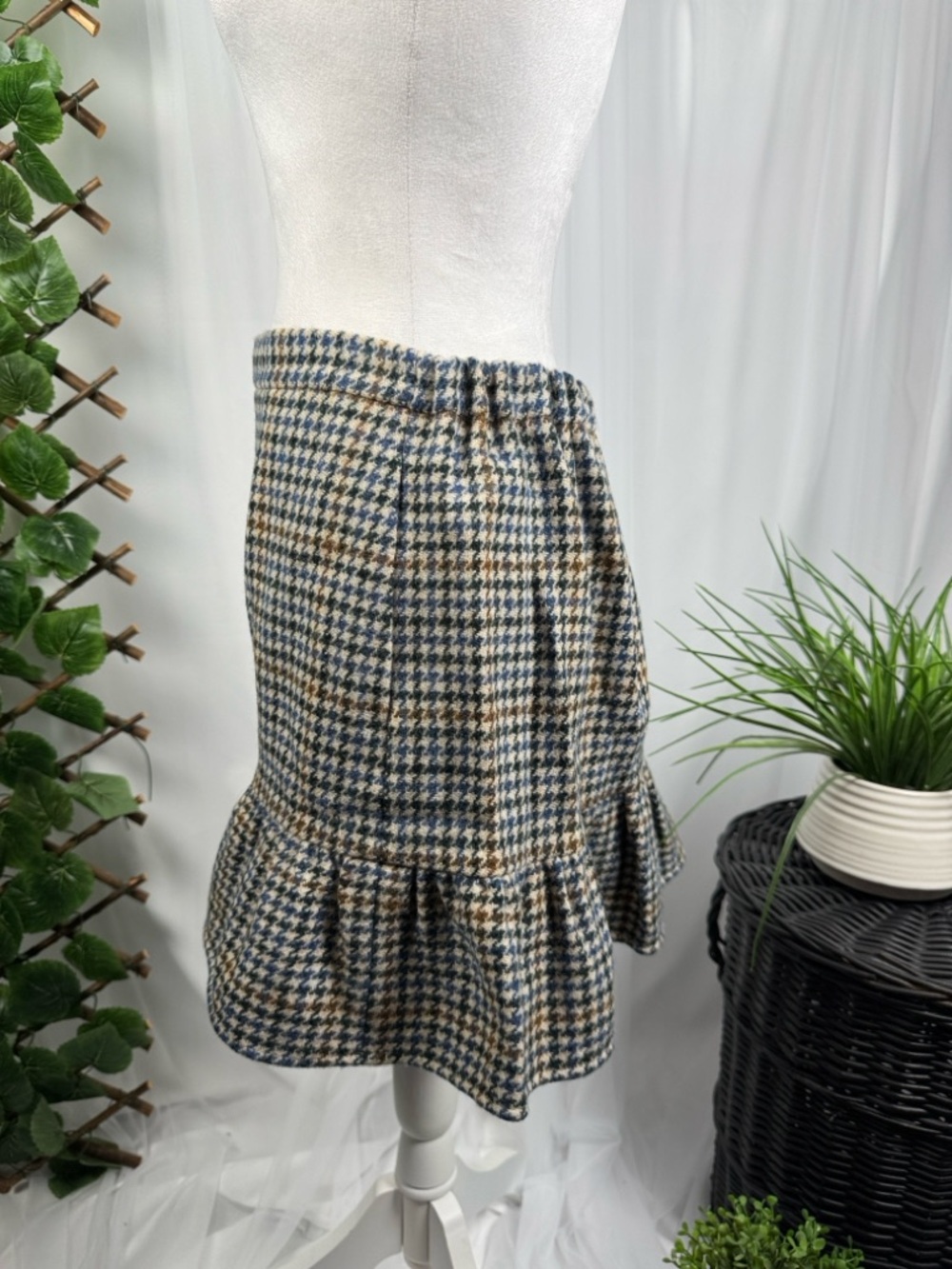 J. Crew Plaid Houndstooth Ruffle-Hem Mini Skirt in Blue and Tan - Picture 3 of 10